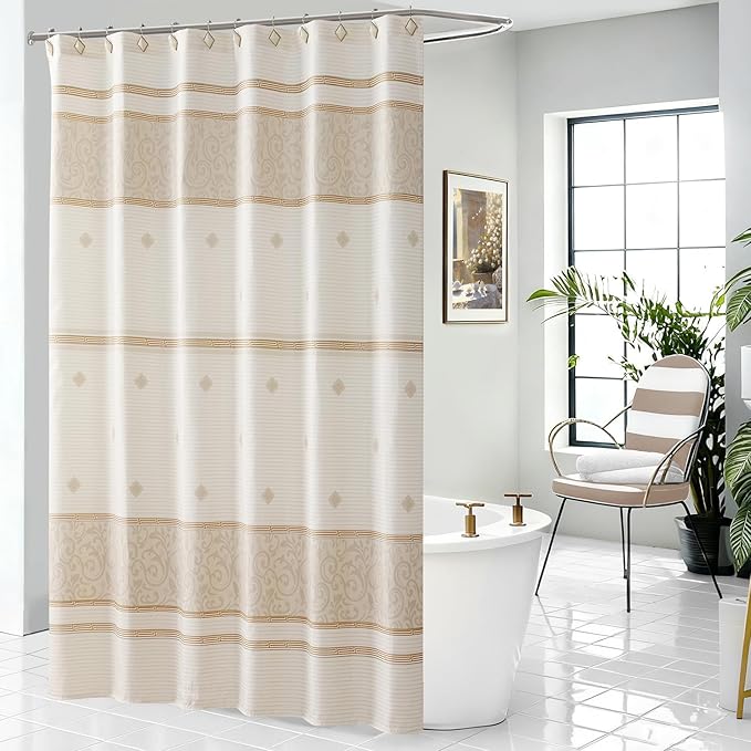 Fabric Shower Curtain, Waterproof for Bathroom with Beige Tan Stripe, 72" W x 72" H