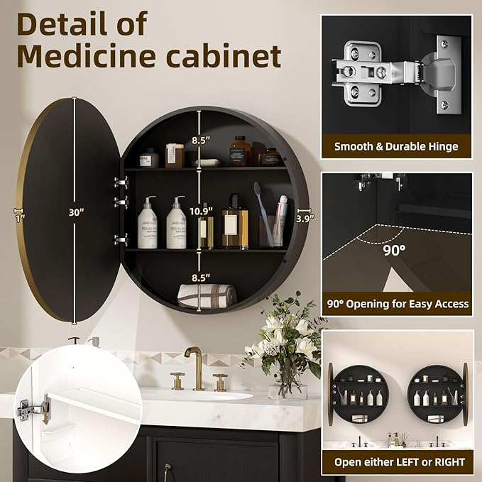 30 x 30 in Round Gold Mirror Medicine Cabinet Surface Mounted, Circular Modern Bathroom Medicine Cabinet with Mirror, Metal Framed Medicine Cabinets with Tempered Glass Mirror