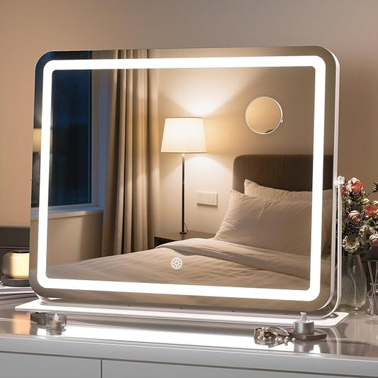 Hasipu Makeup Vanity Mirror with Lights, 20" L x 16" W LED Tabletop Make up Mirror for Desk, Lighting & Brightness Adjustment, 360°Rotation, 10x Magnification