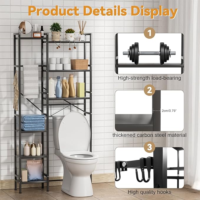 Bathroom Shelf, Over The Toilet Storage with 3-Tier Bathroom Shelves, Adjustable Height & Heavy-Duty Steel Frame Over Toilet Storage (Black)