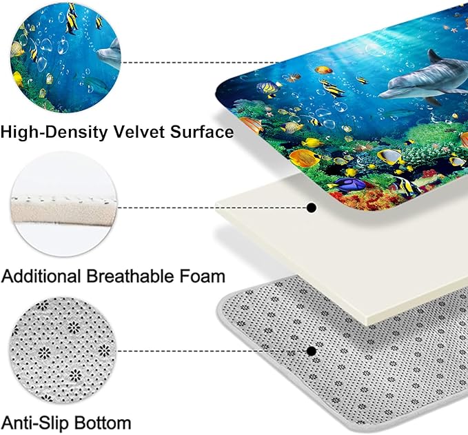 4Pcs Deep Blue Fish Shower Curtain Sets with Rugs, Dolphin Coral Ocean Theme Bathroom Decor Sets Complete, Home and Hotel Bathroom Accessories, juego de baño, 12 PCS Hooks, 71 x 71 in