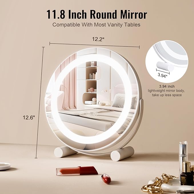 VEVOR 12” Vanity Mirror with Lights, LED Makeup Mirror 3 Color Lighting Modes, with 5X Magnification Mirror, Smart Touch Control, 360°Rotation,Round Lighted Makeup Mirror for Bedroom Tabletop (White)