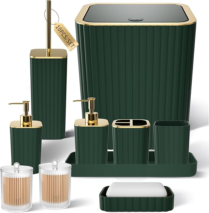 XLHOMO Bathroom Accessories Set - Gorgeous Green Bathroom Set, 10PC Green Bathroom Accessory Set, Bathroom Sets with Toilet Brush, Bathroom Trash Can