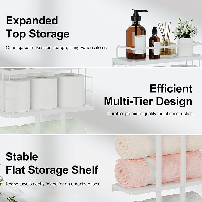 White Towel Rack for Bathroom, Metal Towel Holder for Bathroom Storage Rack with Shelf, 3-Tier Wall-Mounted Towel Organizer - Holds Rolled Towels