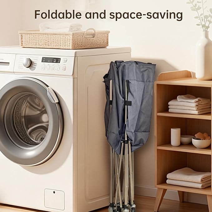 35.9" Tall Laundry Cart with Wheels, No-Bend Rolling Laundry Basket, Stable Stainless Steel Frame, Collapsible Laundry Hamper for Bathroom, Dorm & Bedroom, 600D Washable Bag – Grey