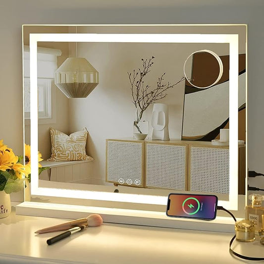 Sucedey 23" x 19" Vanity Mirror with Lights, Large Makeup Mirror with 3 Color Modes & Adjustable Brightness, Detachable 10x Zoom Mirror,Smart Touch Control,Plug in(Tabletop & Wall-Mounted)