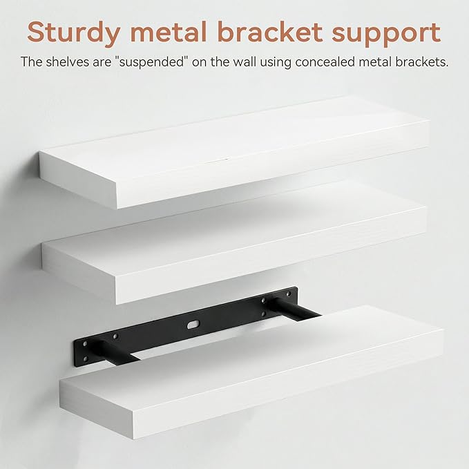 Floating Shelves for Wall, Rustic Wood Shelf for Room Decor/Storage/Display, Small Wall Mounted Hanging Shelves with 20lb Capacity for Bathroom, Living Room, Kitchen (White)
