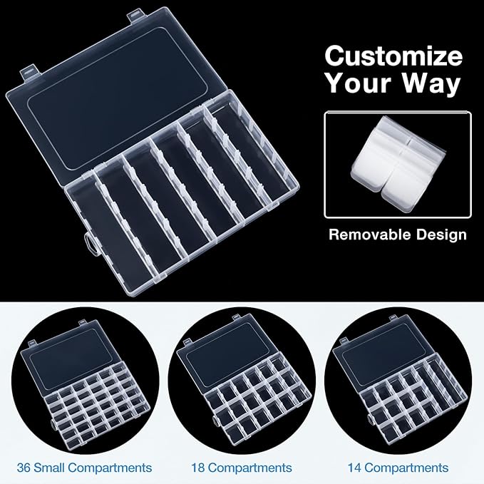 Benbilry 36 Grids Clear Plastic Organizer Box with Adjustable Dividers, 36 Compartment Clear Storage Container for Bead Organizer, Fishing Tackles, Felt Board and Jewelry Storage