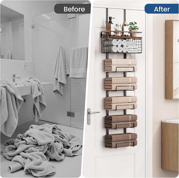 Aetyord Towel Racks for Bathroom Over The Door Towel Racks Towel Storage Organizer with Metal Shelf Basket for Bathroom Rv Camper (7-Tier Black with Brown Plank)