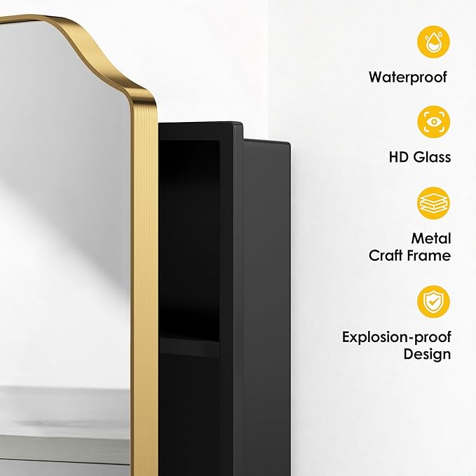 SogesHome Recessed Bathroom Mirror Medicine Cabinet with Storage, 15.7 x 23.6 Inch Wall Mounted Modern Octagon Vanity Organizer with Shelves, Space-Saving Elegant Bathroom Storage, Gold
