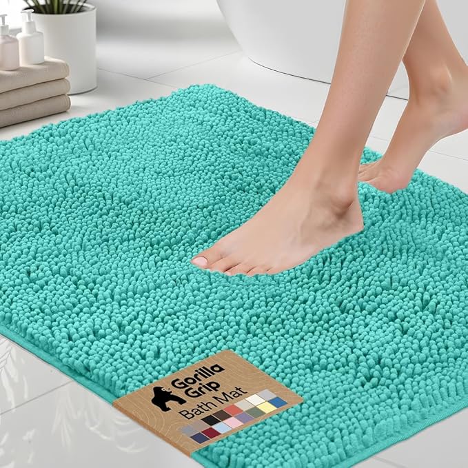 GORILLA GRIP Bath Rug Mat 44x26, Soft Absorbent Chenille, Quick Dry Microfiber Mats, Rubber Backing Washable Shower Floor Rugs, Bathmat Runner, US Designed Bathroom Home Decor Accessories Turquoise