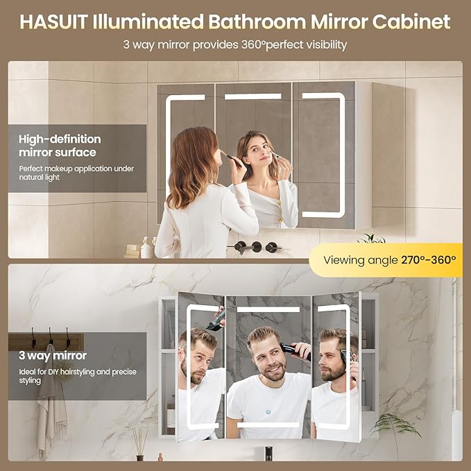 Hasuit Medicine Cabinet Organizer with Mirror, Lighted Bathroom Medicine Cabinet with Storage, 3 Doors Bathroom Wall Cabinet with LED Lights, Adjustable Shelves & Outlets, 35.4'' x 23.6'', White