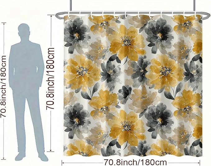 Yellow Grey Floral Shower Curtain 72x72 Inch Watercolor Flower Bathroom Curtain Modern Boho Style Machine Washable Decor