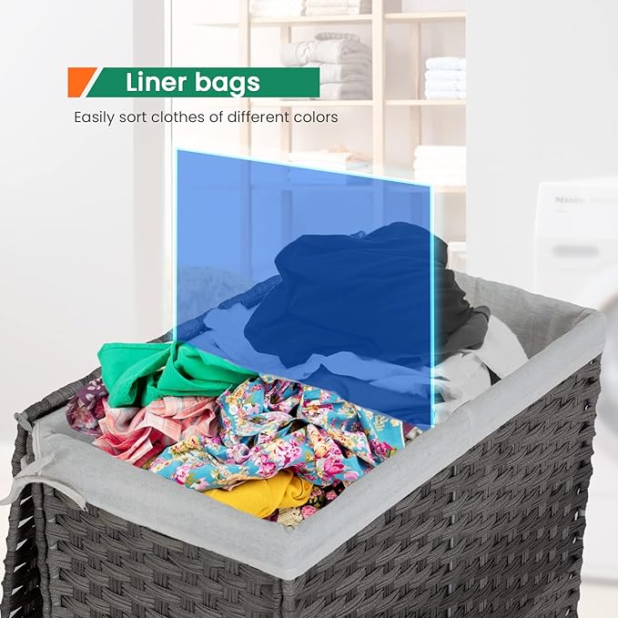 Paylesshere Laundry Basket Handwoven Laundry Hamper 90L/110L Foldable Rattan Laundry Hamper With Lid,2 Removable Liner Bags & 6 Bags,Clothes Bathroom Basket,Grey