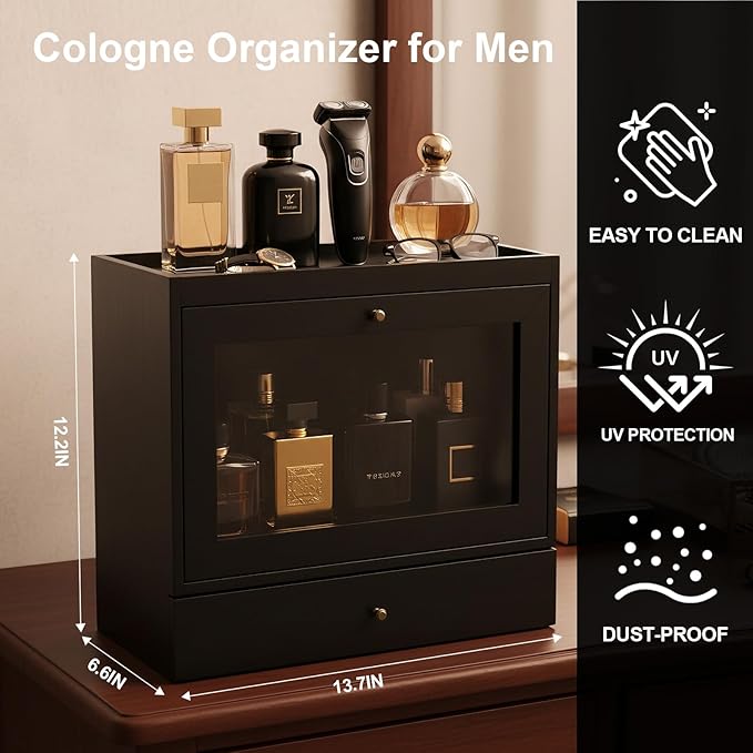 Cologne Organizer for Men,Perfume Stand Holder,Cologne Shelf, Solid Wood Cologne Stand with Drawer Storage and Clear Window,Organizador de Perfumes,Perfume Stand Organizer,Black