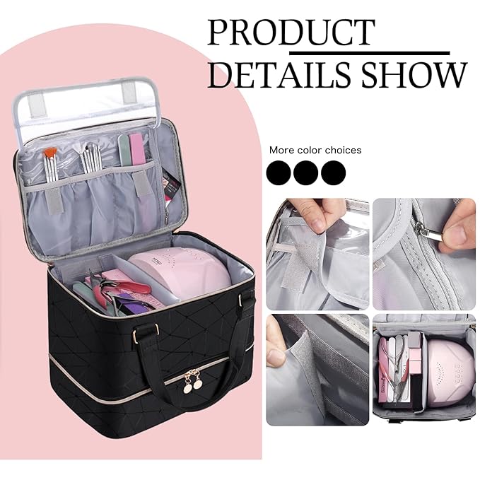 FCQQYWZ Nail Polish Organizer Case Hold 40+ Bottles (15ml/0.5 fl.oz) and Led Nail Lamp, Nail Supply Organizers and Storage for Nail Tech, Nail Dryer Case Nail Polish Bag Nail Kit Organizer (BLACK)