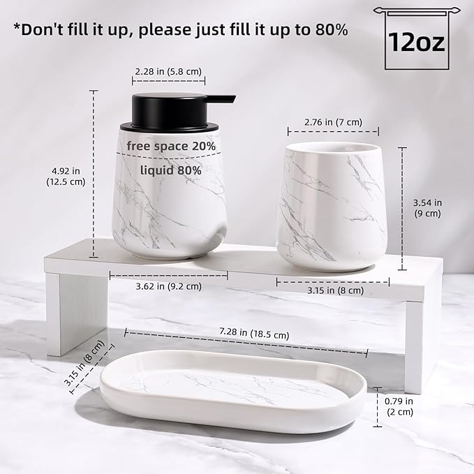 BosilunLife Bathroom Accessories Set 3 pcs - Bathroom Ceramic Foaming Soap Dispenser Set Farmhouse Marble Bathroom Decor, Foam Soap Dispenser and Toothbrush Holder/Tumbler Cup, Tray