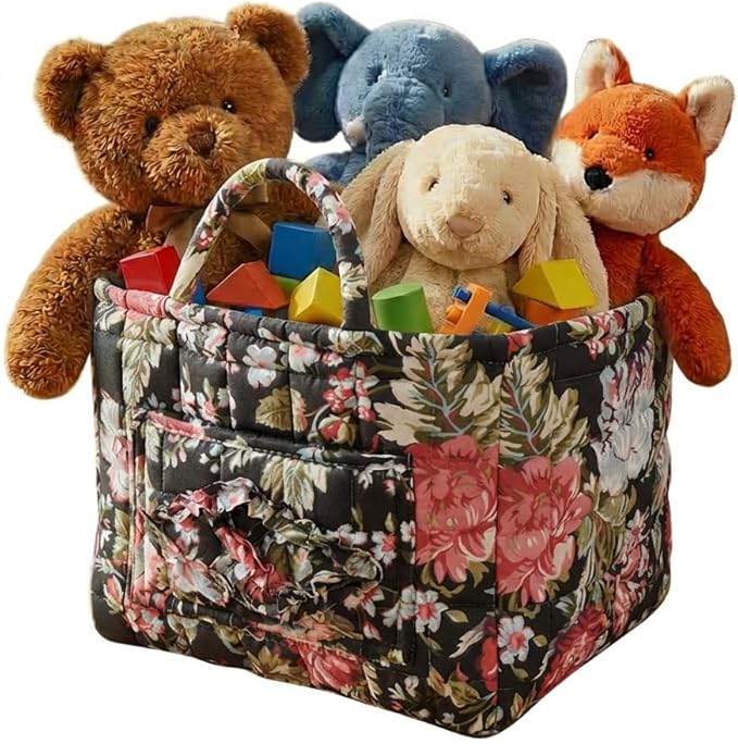 Quilted Fabric Basket Car Storage Basket Boho Floral Laundry Hamper for Nursery Bedroom & Living Room | Organize Clothes Toys