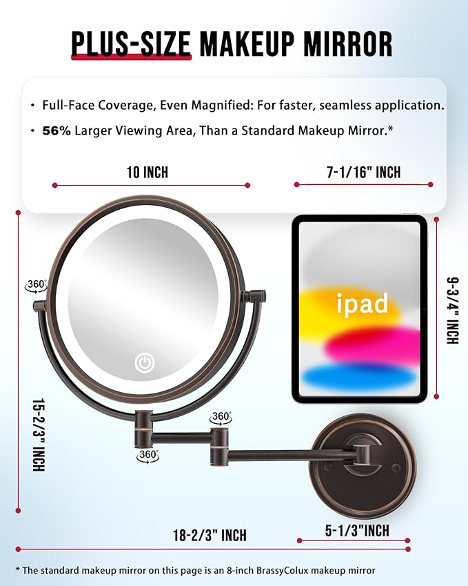 10" Brass Large Wall Mounted Makeup Mirror with Lights, 3 Color LED Touch Dimming Extended Arm, 1X/5X Double-Sided Magnifying Vanity Mirror for Bathroom, Hard Wired Oil Rubbed Bronze