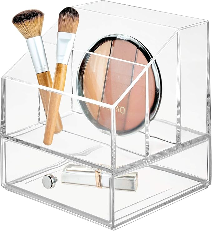 iDesign Clarity Cosmetic Palette Organizer with Drawer for Vanity or Cabinet to Hold Makeup, Beauty Products, Hair Accessories - 3 Compartments - Clear
