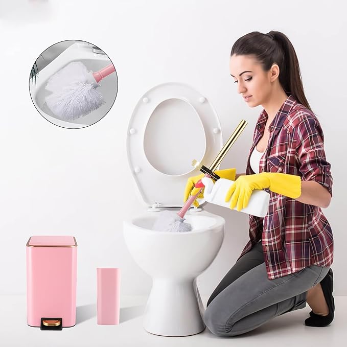 XLHOMO Pink Bathroom Accessories Set 8 Piece Pink and Gold Bathroom Set, Bathroom Sets with Stainless Steel Trash Can,Toilet Brush,Toothbrush Set,Soap Dispenser