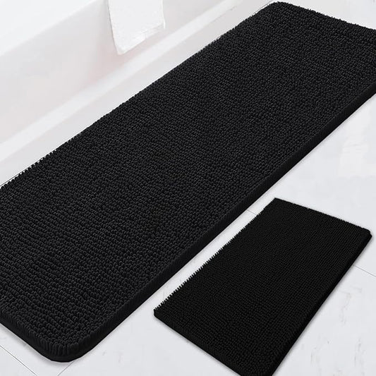BOANKODU Bathroom RugsSets 2 Piece，59X24+16X24Inch，Absorbent Non-Slip Very Soft Chenille Mat,Machine Washable （Black）