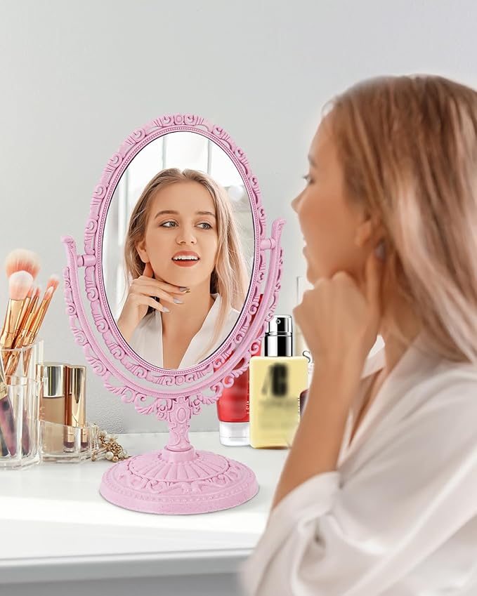 XPXKJ Pink Vintage Vanity Mirror Shabby Chic Decor | 360° Rotating Double-Sided Table Makeup Mirror with Stand Bedroom Decoration Perfect for Tabletop, Desk, Or Makeup Station