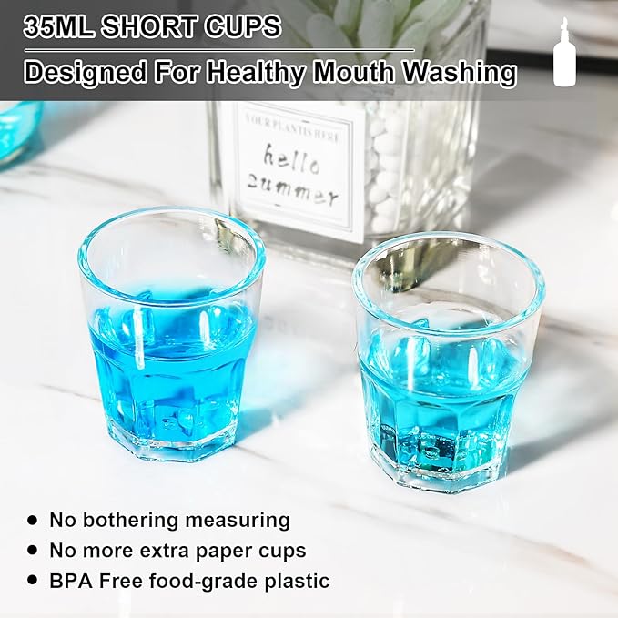 Mouthwash Dispenser for Bathroom, Glass Mouthwash Dispenser with Cup, Mouth Wash Container Bottle with Cup, Refillable Mouthwash Decanter, Clear Blear,17oz 2 Pack