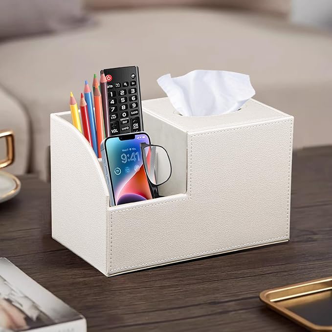 PU Leather Square Tissue Box Cover - Multi-Functional Tissue Box Holder, Tissue Box Cover with Storage,Tissue and Remote Control Holder, Cube Tissue Box Organizer Bedroom Nightstand End Table