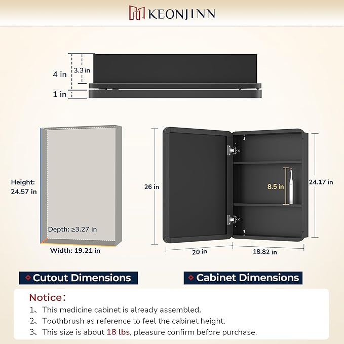 Keonjinn 20 x 26 Inch Chrome Recessed Medicine Cabinets, Mirrored Bathroom Medicine Cabinet, Elegant Stainless Steel Framed, Stepless Adjustable Shelves, In Wall or Surface Mount, Soft Closing, Modern