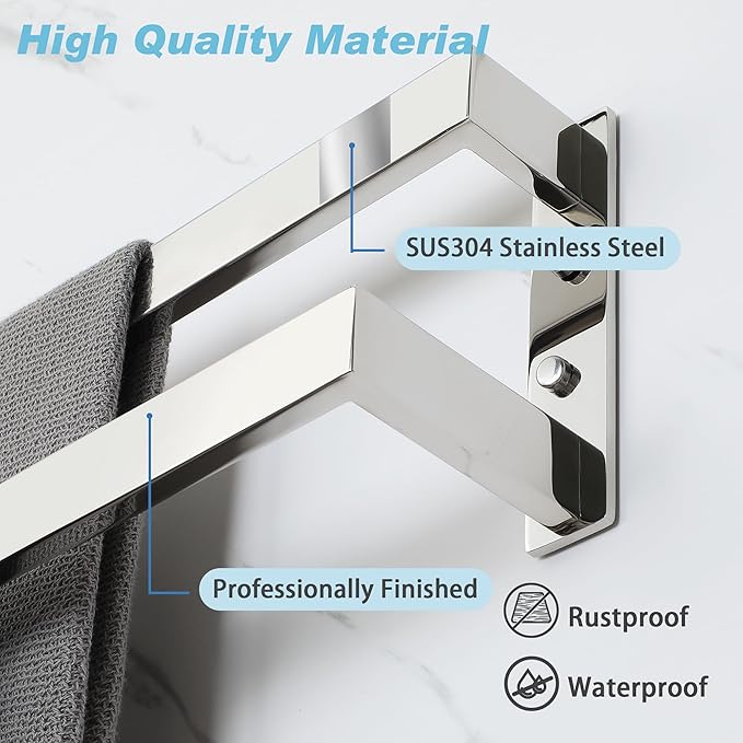 Alise Double Towel Bar, 24" Towel Racks for Bathroom Wall Mounted SUS304 Stainless Steel, Heavy Duty Bathroom Towel Holder, Quick Drying Towel Hanger, Polished Chrome