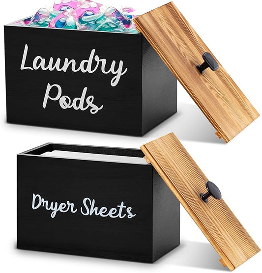 Dandat 2 Pcs Wood Rustic Laundry Dryer Sheet Holder Pod Container with Lid 8.7 x 6.3 x 6.4 Inch Laundry Pod Holder 7.3 x 3.7 x 5 Inch Dryer Sheet Dispenser Wooden Box Container(Black)