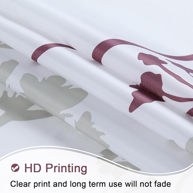 Floral Fabric Shower Curtain, White and Burgundy Flower Shower Curtain, Blue and Gray Plant Shower Curtains for Bathroom, Waterproof Bathroom Curtains, 72" W x 72" H