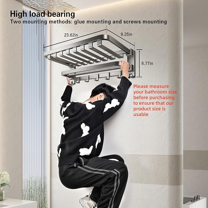 VOLPONE Bathroom Towel Rack with Double Towel Bar Foldable Towel Shelf Wall Mounted Towel Storage with Hooks No Assembly Required 24Inch Matte Grey