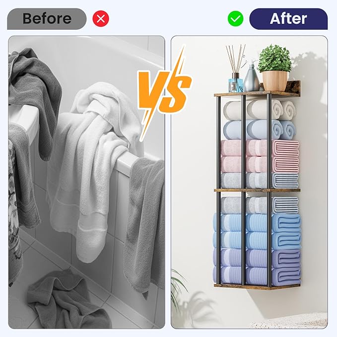 34 Inch Bathroom Towel Rack with Shelf – Modern Towel Holder for Bathroom Wall Mounted, Holds 6 Large Bath Towels, Rolled Towel Organizer for Bathroom, Laundry Room, and Small Space Storage, 3-Tier