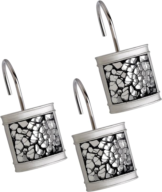 Creative Scents Crackled Glass Silver Shower Curtain Hooks Decorative - Set of 12 Shower Curtain Rings for Bathroom Shower Rod - Elegant Crackled Glass Shower Curtain Hooks
