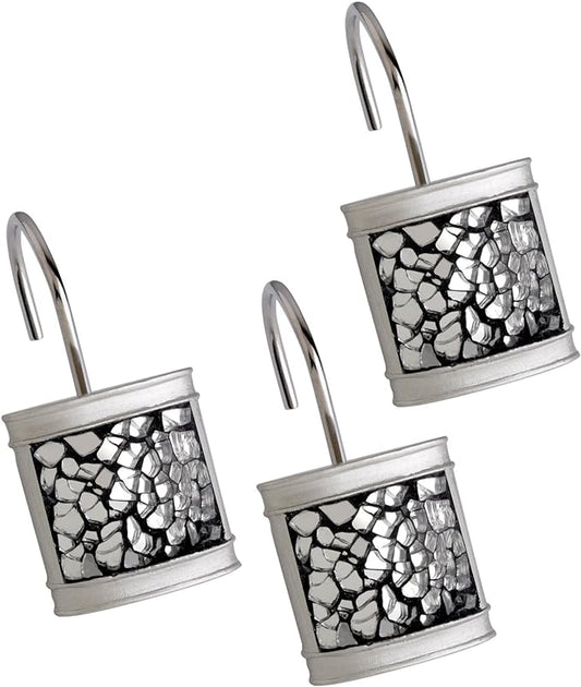 Creative Scents Crackled Glass Silver Shower Curtain Hooks Decorative - Set of 12 Shower Curtain Rings for Bathroom Shower Rod - Elegant Crackled Glass Shower Curtain Hooks