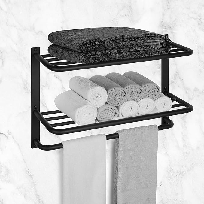 Towel Rack for Bathroom, DEWVIE 23 Inch Tower Holder with Tower Bars, SUS 304 Stainless Steel Lavatory Bath Towel Shelf Towel Hanger Wall Mount, 3-Tier (Matte Black)