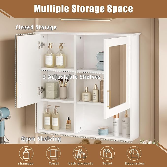 Bathroom Mirror Cabinet, 30 inch Wall Mounted with Adjustable Shelves & Soft Close Doors, High-Define Mirror with Storage