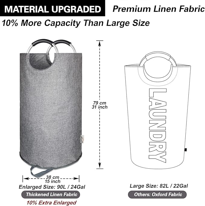 Large Laundry Hamper Bag Collapsible, Tall Laundry Basket with Sturdy Handles, Fabric Dirty Clothes Bin for Laundry, College Dorm, Boys, Man, Durable Heavy Duty Two-Layer ?€? 90L Grey