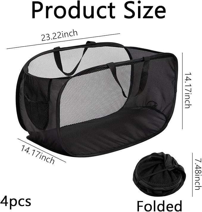 4 Pack Pop-Up Mesh Laundry Basket, Collapsible Laundry Hampers with Handle, Foldable Mesh Clothes Baskets for Home, Dorm, and Travel, Black Design