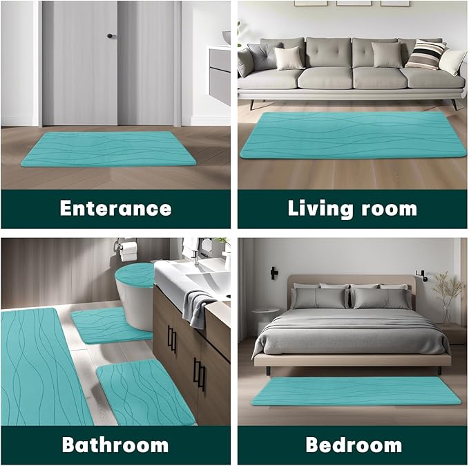 YIHOUSE Memory Foam Bathroom Rug Sets 3 Piece, Ultra Absorbent Bath Mat for Bathroom - Non-Slip Machine Washable & Dry Quickly, 3 Piece Bathroom Mat Set,Teal