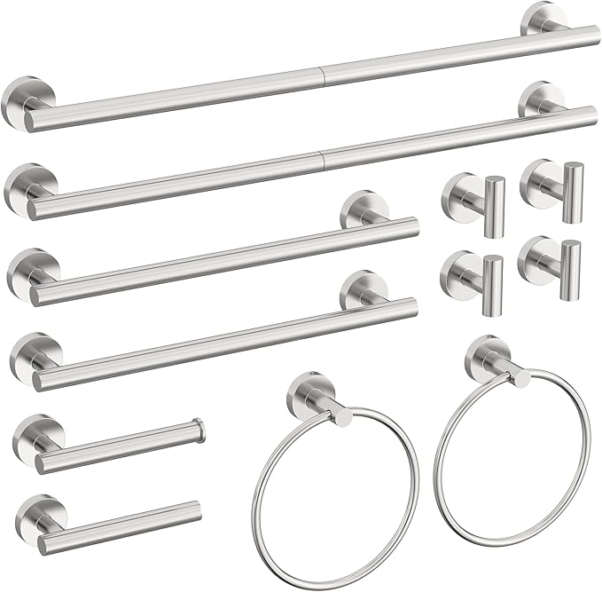 12 Pcs Brushed Nickel Bathroom Accessories Set, HOMEMYSTIQUE SUS304 Stainless Steel Bathroom Hardware Set, Bath Towel Bar Set, Toilet Paper Holders, Towel Rings Racks, Robe Towel Hooks