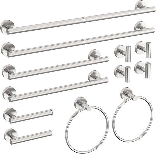 12 Pcs Brushed Nickel Bathroom Accessories Set, HOMEMYSTIQUE SUS304 Stainless Steel Bathroom Hardware Set, Bath Towel Bar Set, Toilet Paper Holders, Towel Rings Racks, Robe Towel Hooks
