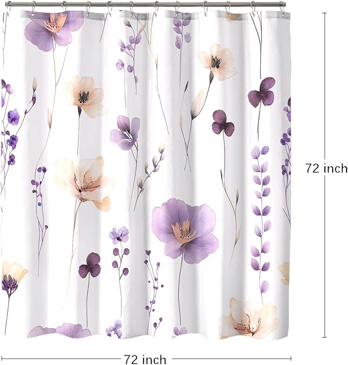 Purple Beige Floral Shower Curtain, Watercolor Flower Shower Curtains for Bathroom, Modern Minimalist Waterproof Fabric Bath Decoration 72x72 Inch