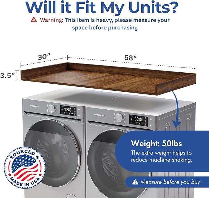OfficeSimpli Washer Dryer Countertop, Made in USA, Non-Slip Pads, Laundry Room Wood Topper, Washer Dryer Cover for Top, Laundry Countertop, Laminate Finish (California Walnut, Extra Large (30" x 58"))
