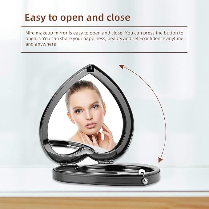 Mini Vintage Heart Elegant Metall Makeup Mirror, Portable 1X/2X Magnifier (Black)