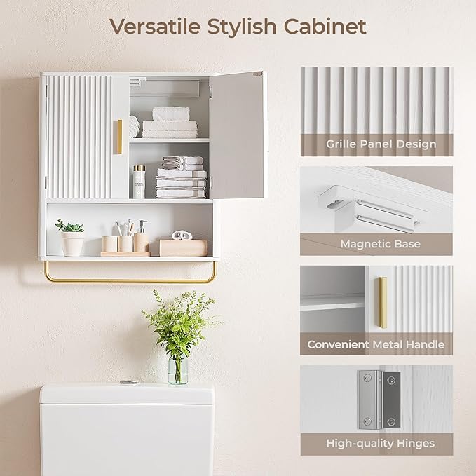 Memobarco Bathroom Cabinet Wall Mount with Fluted Door Panel & Adjustable Shelf, Medicine Cabinet with Open Partition and Towel Bar, Wall Storage Cabinet for Laundry Room & Kitchen (White)