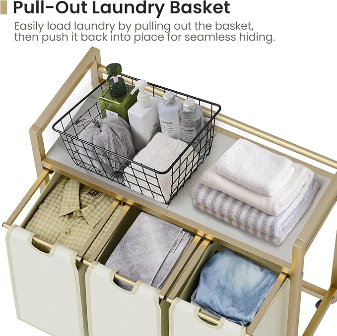 SwaaVee Laundry Hamper, Laundry Basket, Laundry Sorter with 3 Removable Bags, Clothes Basket with 3 Compartments, Wheels, Shelf for Laundry Room Bathroom Bedroom (3 Bags-Golden)