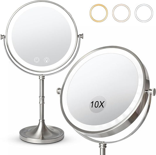 Vanity Mirror with Lights,4000mAh Rechargeable Double Sided Magnifying Mirror with 3 Colors Adjustable,1x/10x Lighted Makeup Mirror,360°Rotation Touch Screen with Memory Function,Nickel
